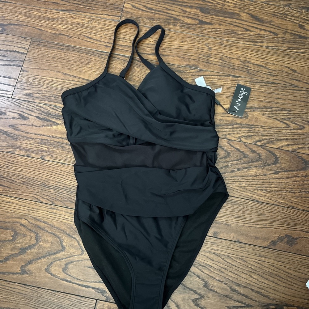 NWT AI'MAGE Black One-Piece Swimsuit Slimming Modest Mesh Bathing Suit US Medium